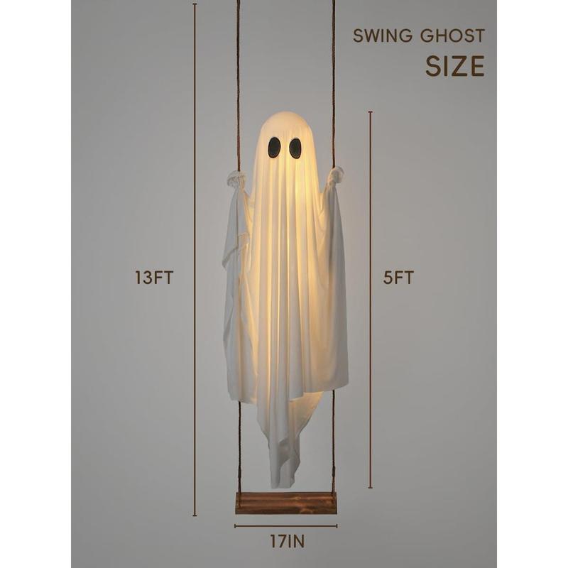 Halloween Decorations Outdoor - 5 FT Large Hanging Swing Ghost Halloween Decor with String Lights - Spooky Cute Ghosts Decorations for Front Porch Yard Tree
